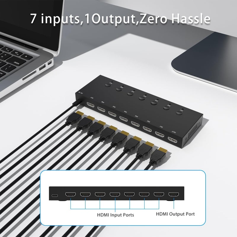 YDF 7 Port HDMI Switch, 4k@60Hz HDMI Switcher 7 in 1 Out HDCP 2.0 Manual HDMI 2.0 Hub Support 3D Compatible with Nintendo Switch/OLED/Xbox/ PS5/4 Blu-Ray Player Fire Stick Roku Apple TV Chromeca - Image 3